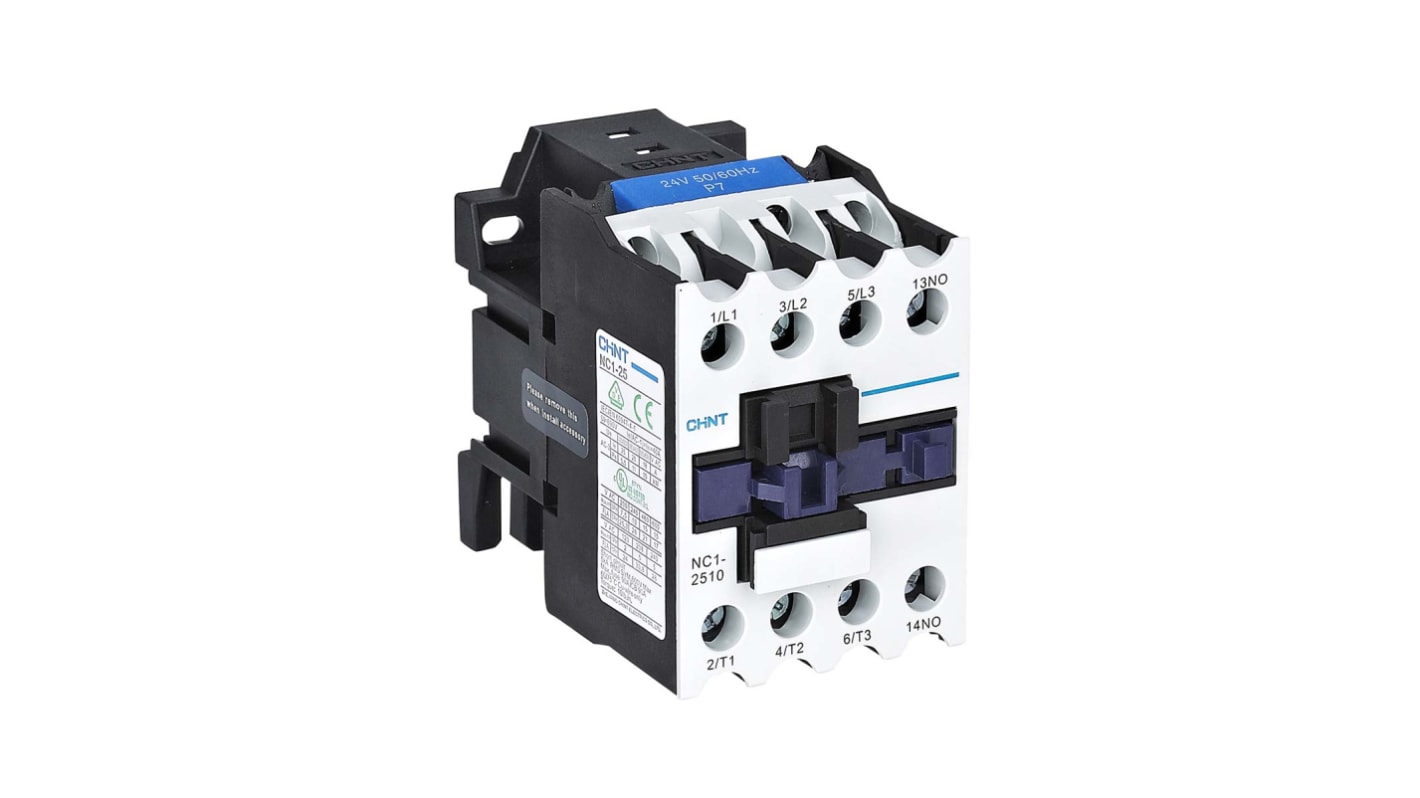 Contactor CHINT NC1 de 3 polos, 1 NA, 25 A, bobina 24 V ac, 11 kW