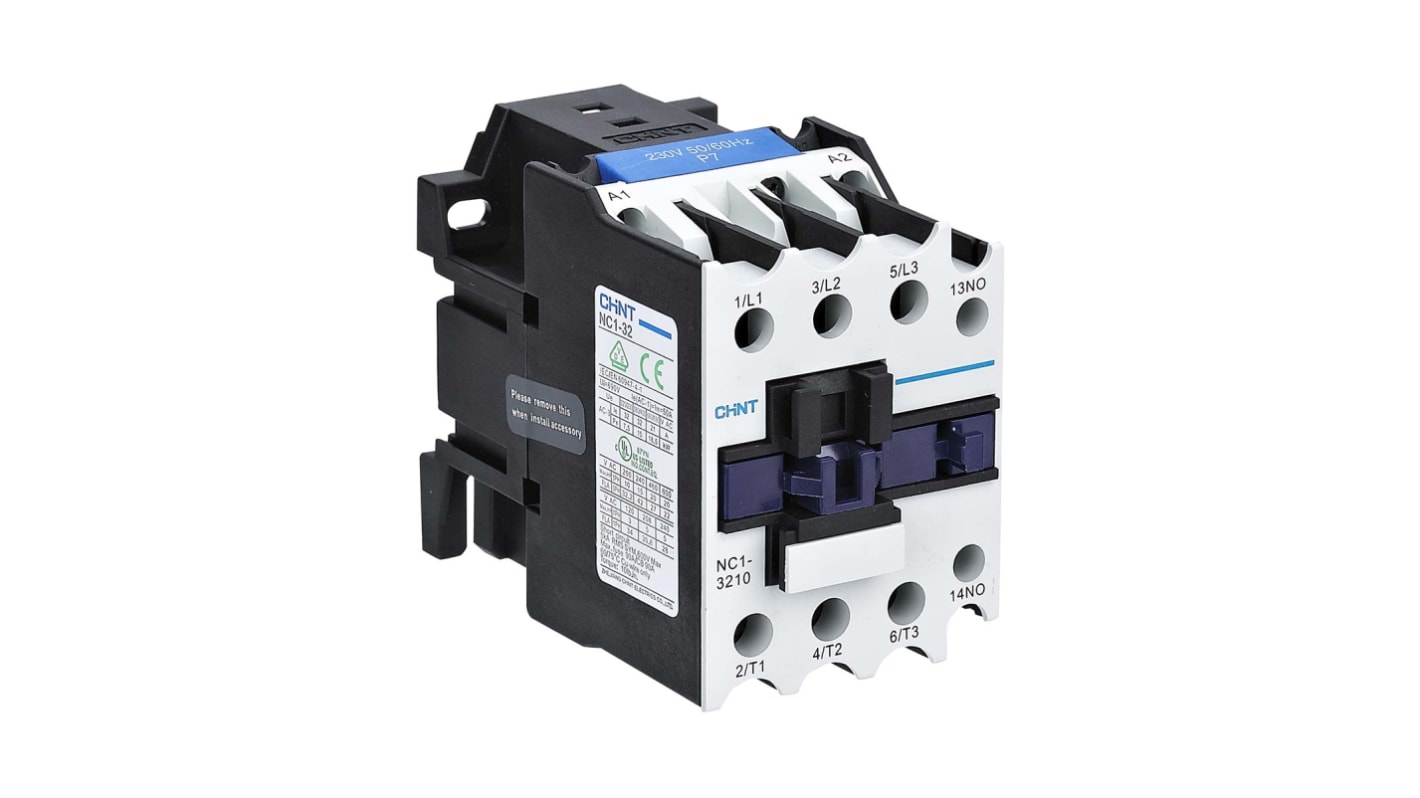 Contactor CHINT NC1 de 3 polos, 1 NA, 32 A, bobina 230 V ac, 15 kW