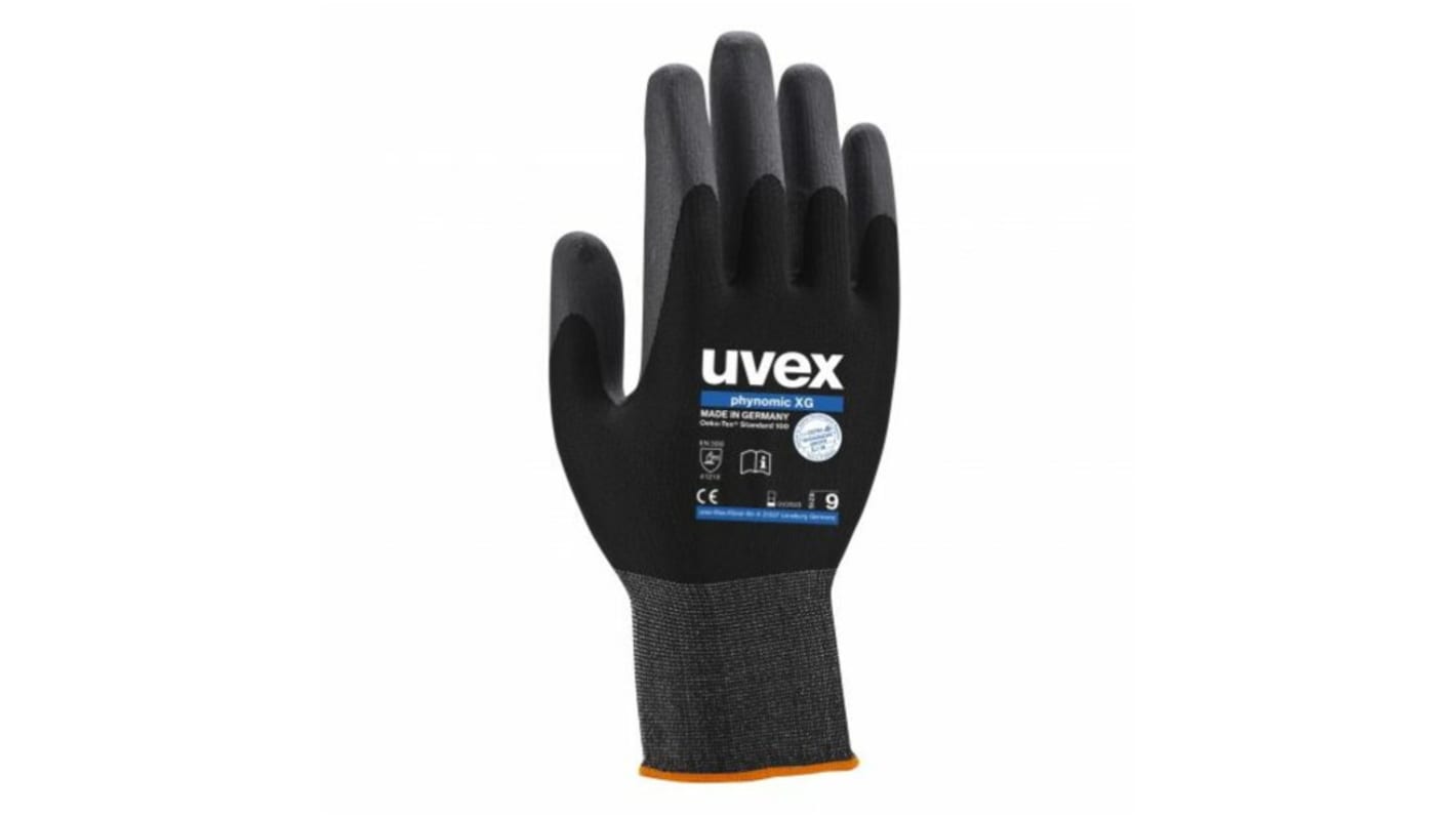 Guantes de trabajo de Elastano Negro Uvex serie Phynomic XG, talla 7, S, con recubrimiento de Espuma de nitrilo, Uso