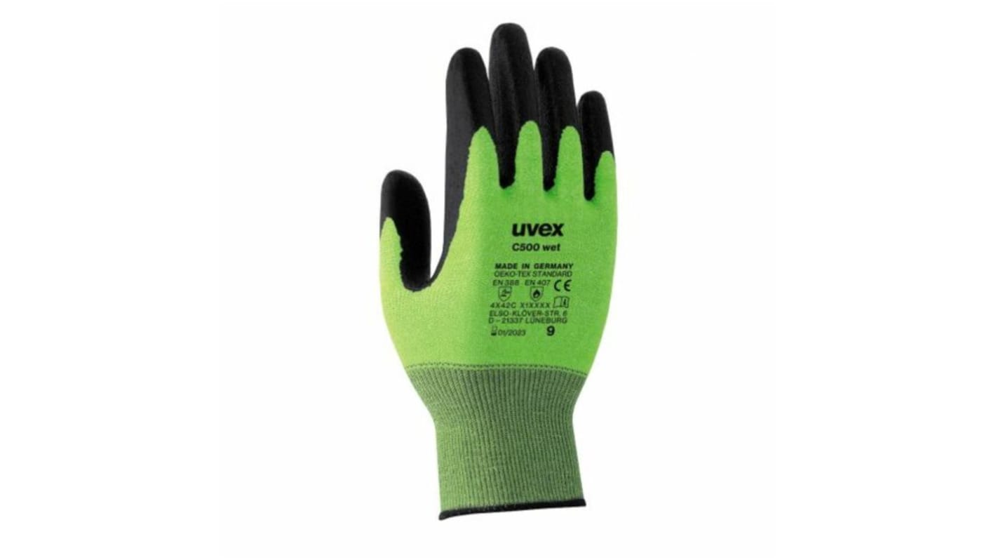 Guantes de trabajo de Bambú, Fibra de vidrio, HPPE, Poliamida Verde Uvex serie C500 WET, talla 7, S, con recubrimiento