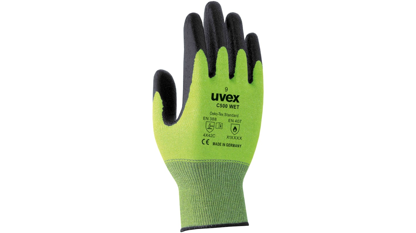 Uvex C500 WET Green HPPE Cut Resistant, Heat Resistant Work Gloves, Size 9, Large, Latex Foam Coating