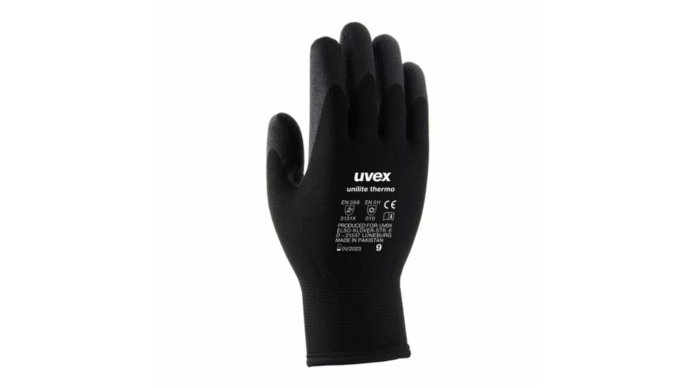 Uvex Unilite thermo Black Acrylic Thermal Work Gloves, Size 7, Small, Aqua Polymer Coating