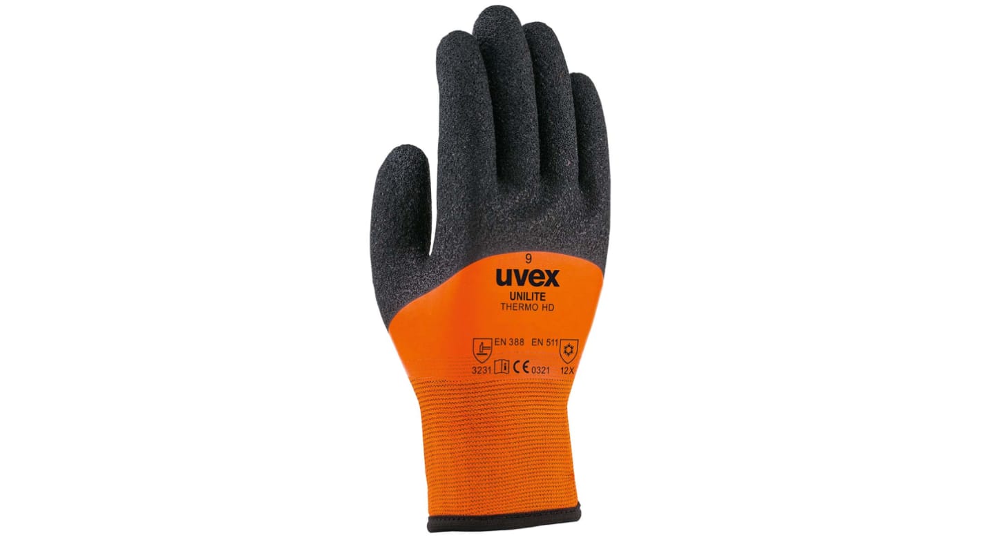 Uvex Unilite thermo HD Orange Acrylic, Cotton Terry, Nylon Thermal Work Gloves, Size 8, Medium, PVC Coating