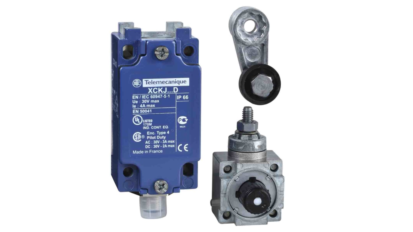 Telemecanique Sensors XCKJ Series Roller Lever Limit Switch, 1NC/1NO, IP66, DPST, Zamak Zinc Alloy Housing, 50V ac Max,