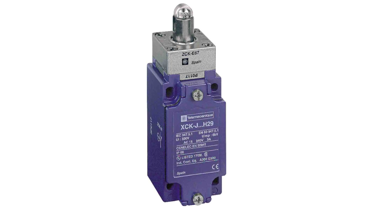 Telemecanique Sensors XCKJ Series Roller Plunger Limit Switch, 1NC/1NO, IP66, DPST, Zamak Zinc Alloy Housing, 240V ac