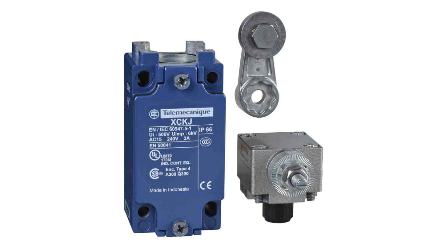 Telemecanique Sensors XCKJ Series Roller Lever Limit Switch, 1NC/1NO, IP66, DPST, Zamak Zinc Alloy Housing, 240V ac