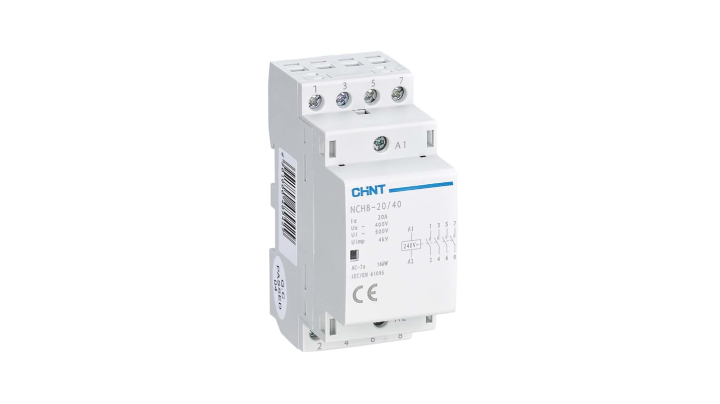 Contactor CHINT de 3 polos, 4 NA, 20 A, bobina 230 V ac