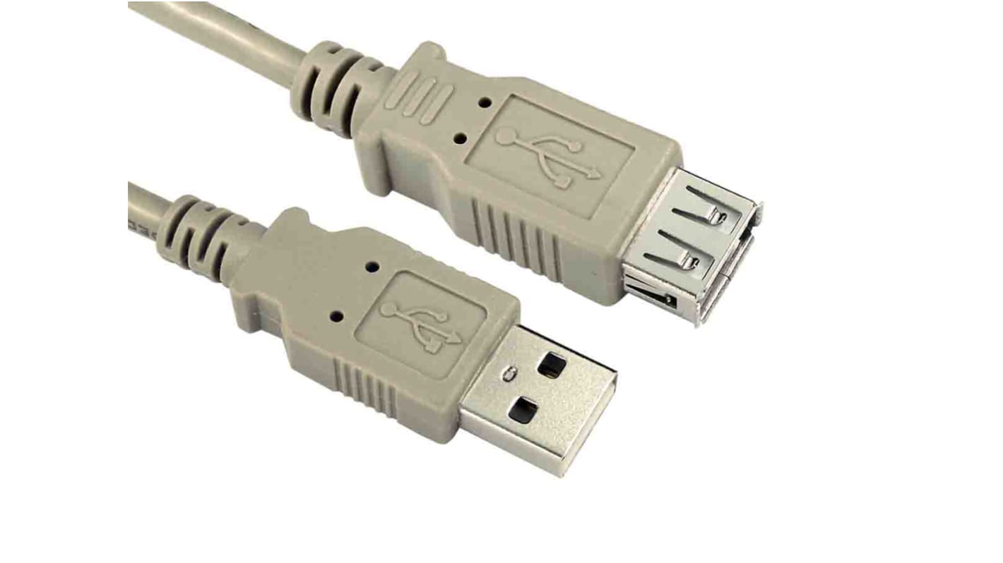 Cable USB 2.0 RS PRO, con A. USB A Macho, con B. USB A Hembra, long. 3m, color Gris