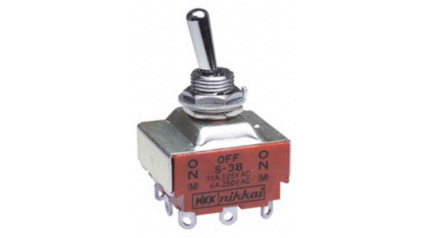 NKK Switches Toggle Switch, Panel Mount, (On)-Off-(On), 3PDT, Solder Terminal, 30 V dc, 125V ac