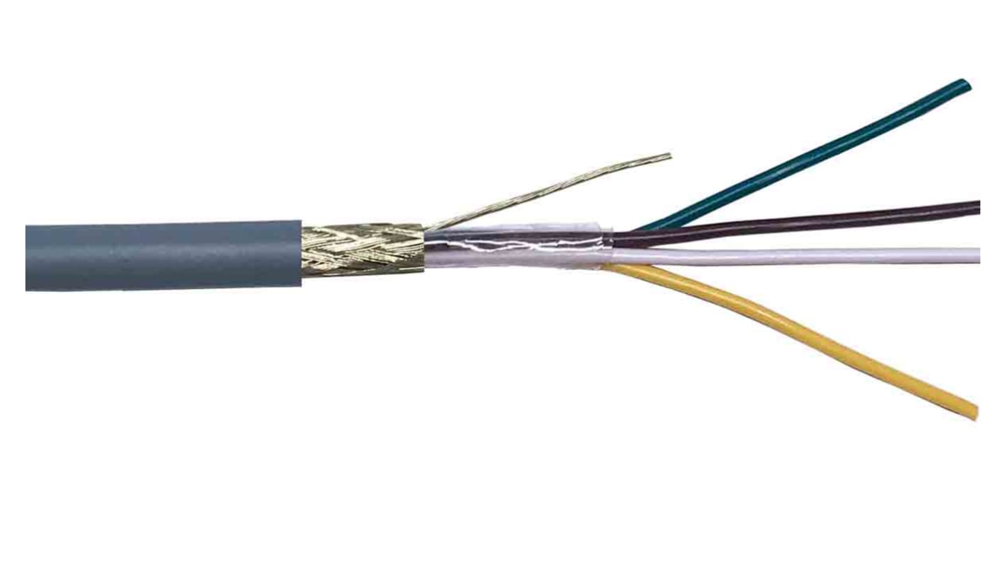 Cable de datos apantallado RS PRO de 4 conductores, 0,25 mm², 23 AWG, long. 100m, Ø ext. 5.6mm, funda de PVC Gris