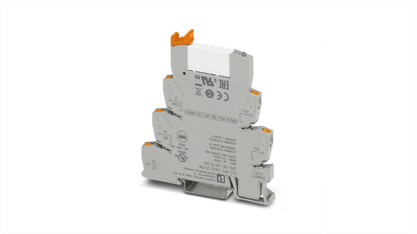 Phoenix Contact PLC-RPT24UC/21/RW Series Interface Relay, DIN Rail Mount, 12V dc Coil, 1PDT, 1-Pole