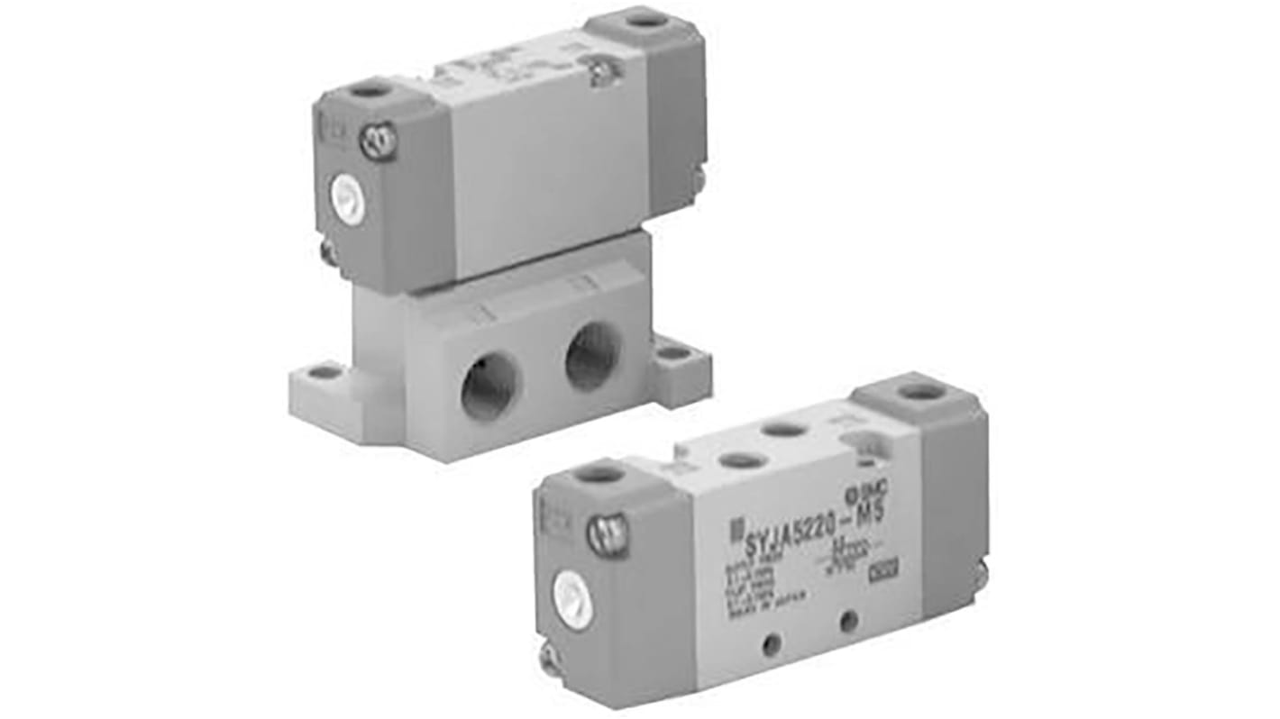 Válvula piloto de solenoide SMC, Serie SYJA500, Rosca M5 x 0,8, Función 3/5, Con puertos en cuerpo, 186l/min