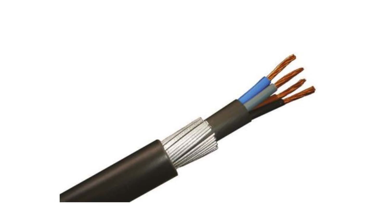 Cable de alimentación armado RS PRO de 4 núcleos, 16 mm², Ø ext. 22.8mm, long. 100m, 600/1.000 V, funda de PVC, Negro