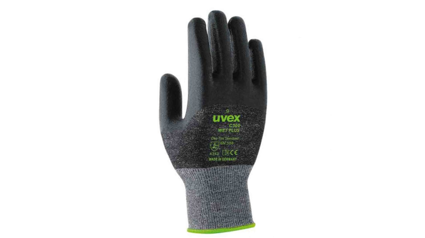 Guantes resistentes a cortes de HPPE Negro Uvex serie C300 wet, talla 10, con recubrimiento de Espuma de látex