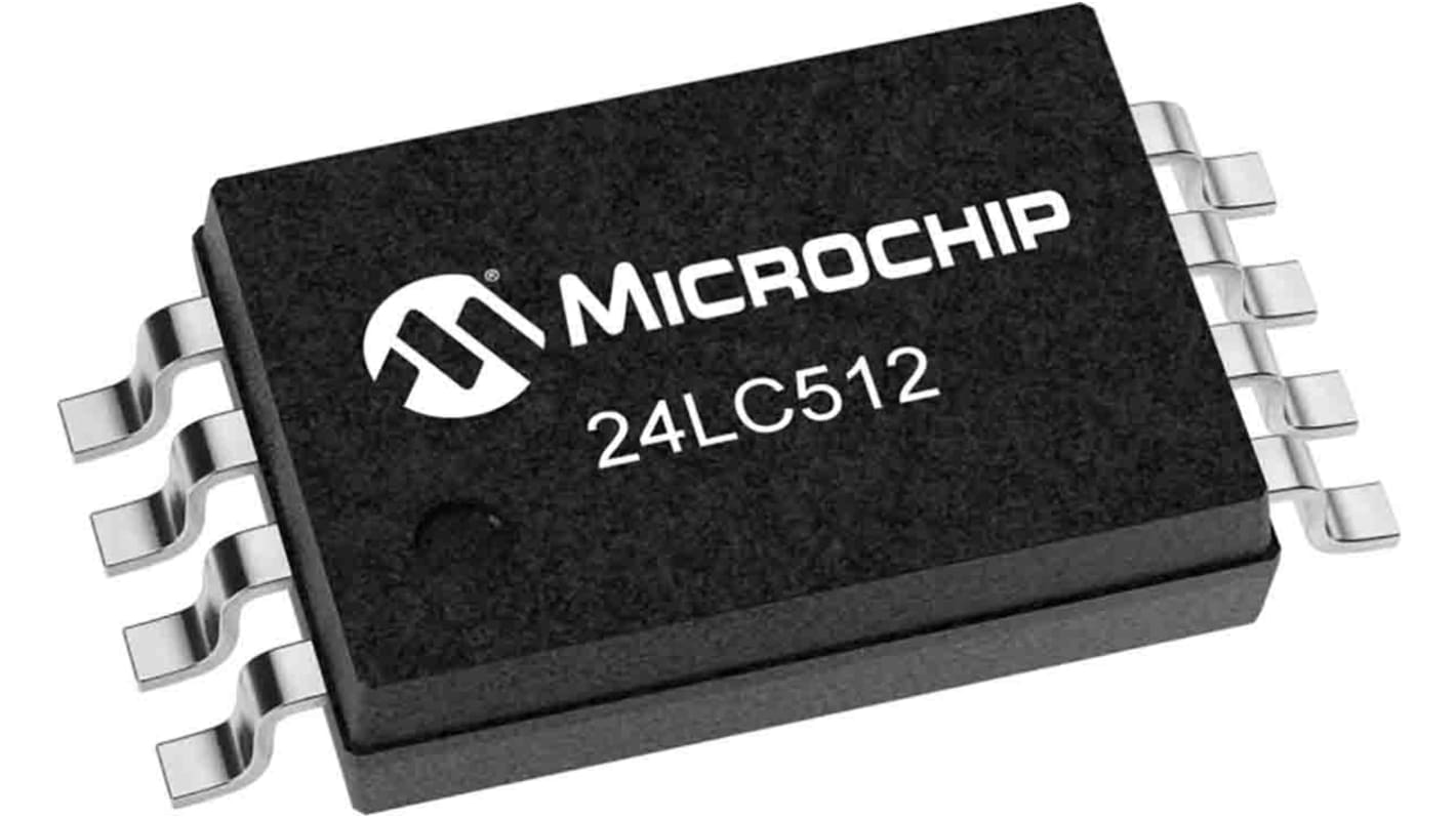Chip de memoria EEPROM 24LC512T-I/ST Microchip, 512kbit, 64k x, 8bit, Serie I2C, 900ns, 8 pines TSSOP
