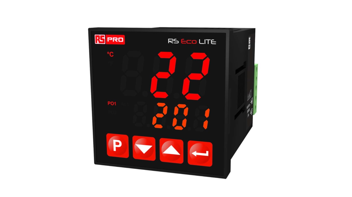 Controlador de temperatura ON/OFF RS PRO, 48 x 48mm, 100→240 Vac Termopar de tipo K, 2 salidas Relé