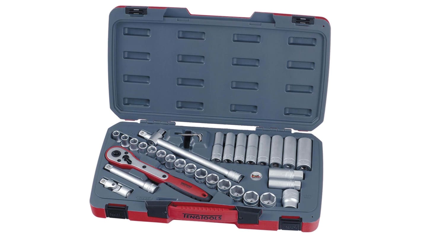 Teng Tools 34-Piece Metric 1/2 in Deep Socket/Standard Socket Set with Ratchet, 6 point