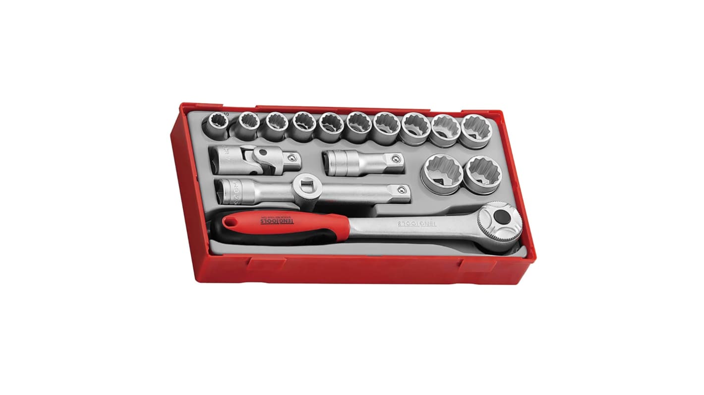 Teng Tools 18-Piece Metric 1/2 in Standard Socket Set with Ratchet, 12 point