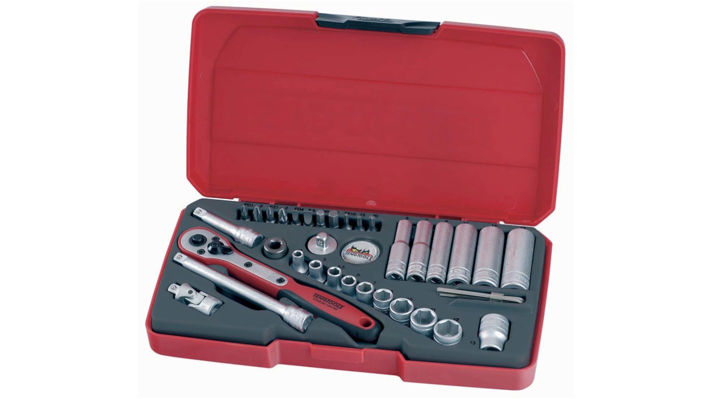 Teng Tools 36-Piece Metric 1/4 in Deep Socket/Standard Socket/Bit Set with Ratchet, 6 point; Hex Bit; Phillips Bit;