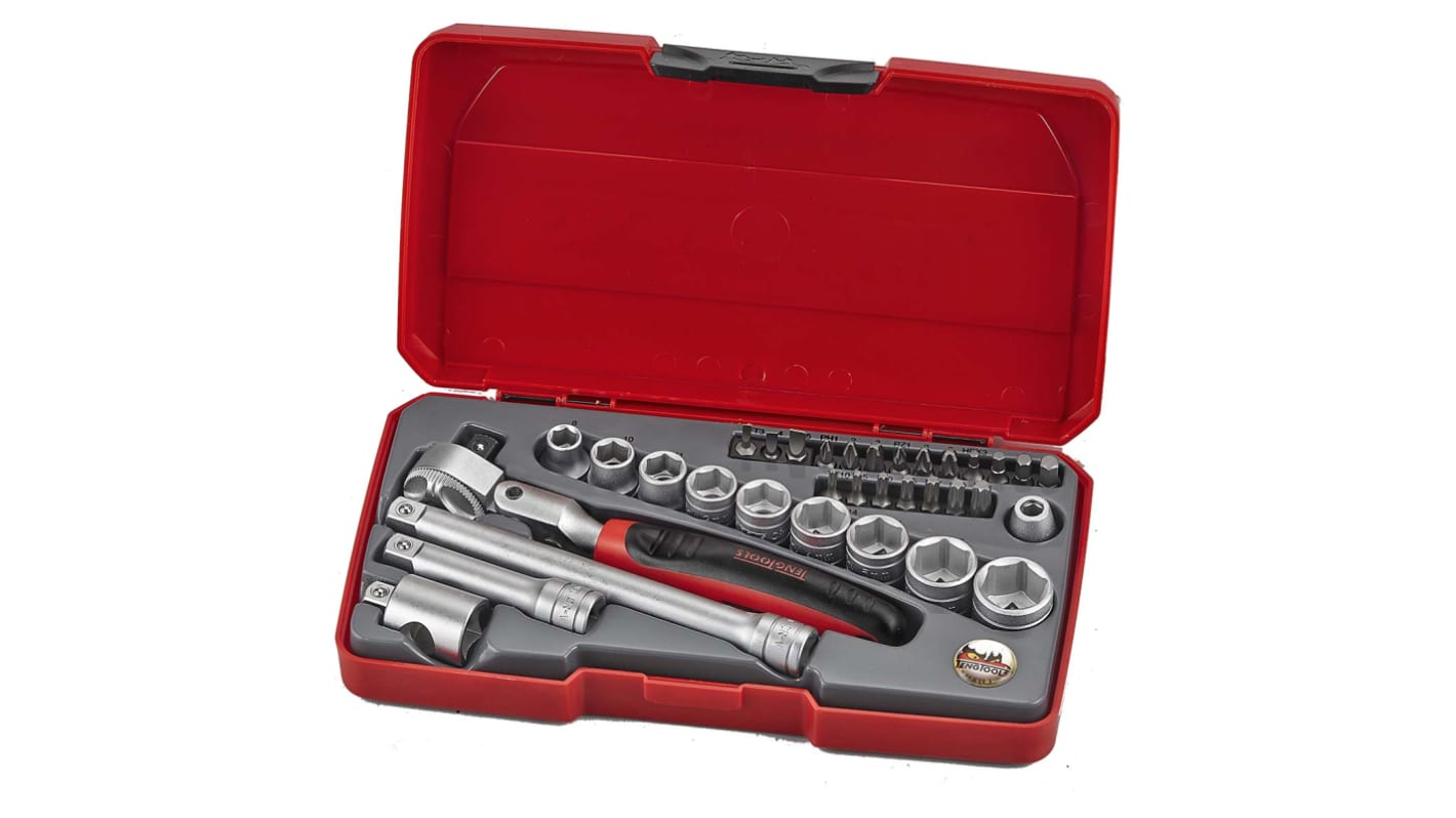 T3834S Teng Tools 34Piece Metric 3/8 in Standard Socket/Bit Set with Ratchet, 6 point; Hex