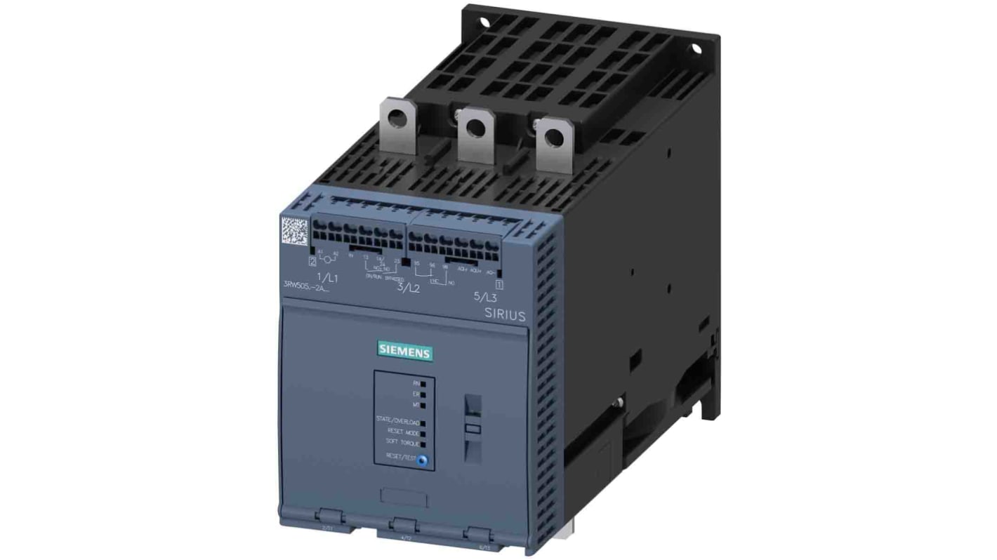 Arrancador suave Siemens 3RW50, 143 A., 200 → 480 V ac, 90 kW, trifásico, IP00