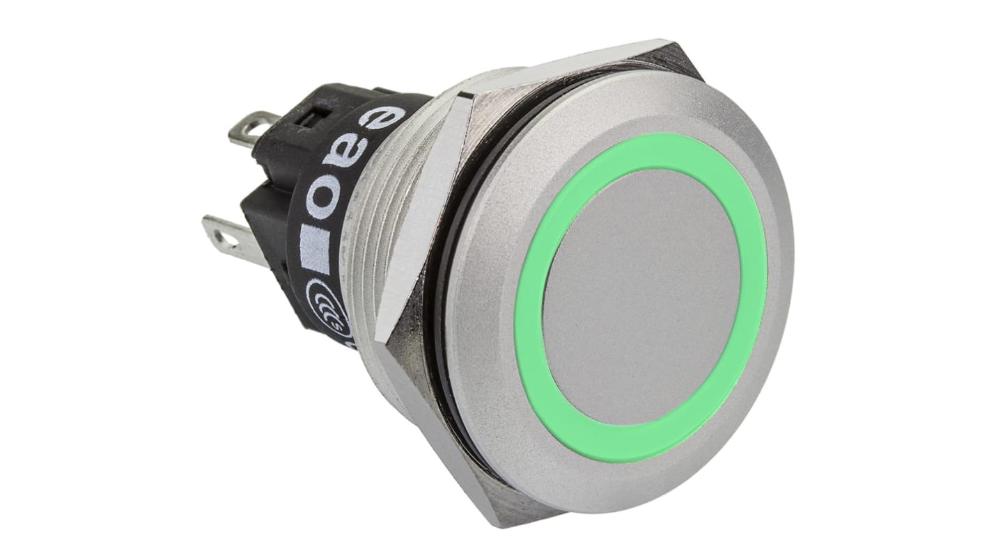 EAO 82 Series Illuminated Push Button Switch, Momentary, Panel Mount, 22.3mm Cutout, SPDT, Green LED, 240V, IP65, IP67