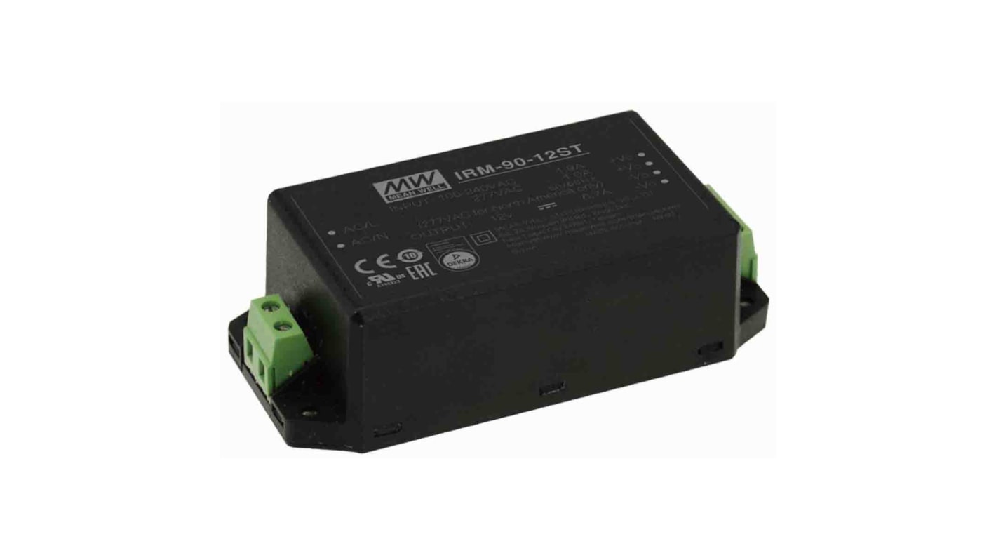 MEAN WELL Switching Power Supply, IRM-90-12ST, 12V dc, 7.37A, 80W, 1 Output, 80 → 305V ac Input Voltage