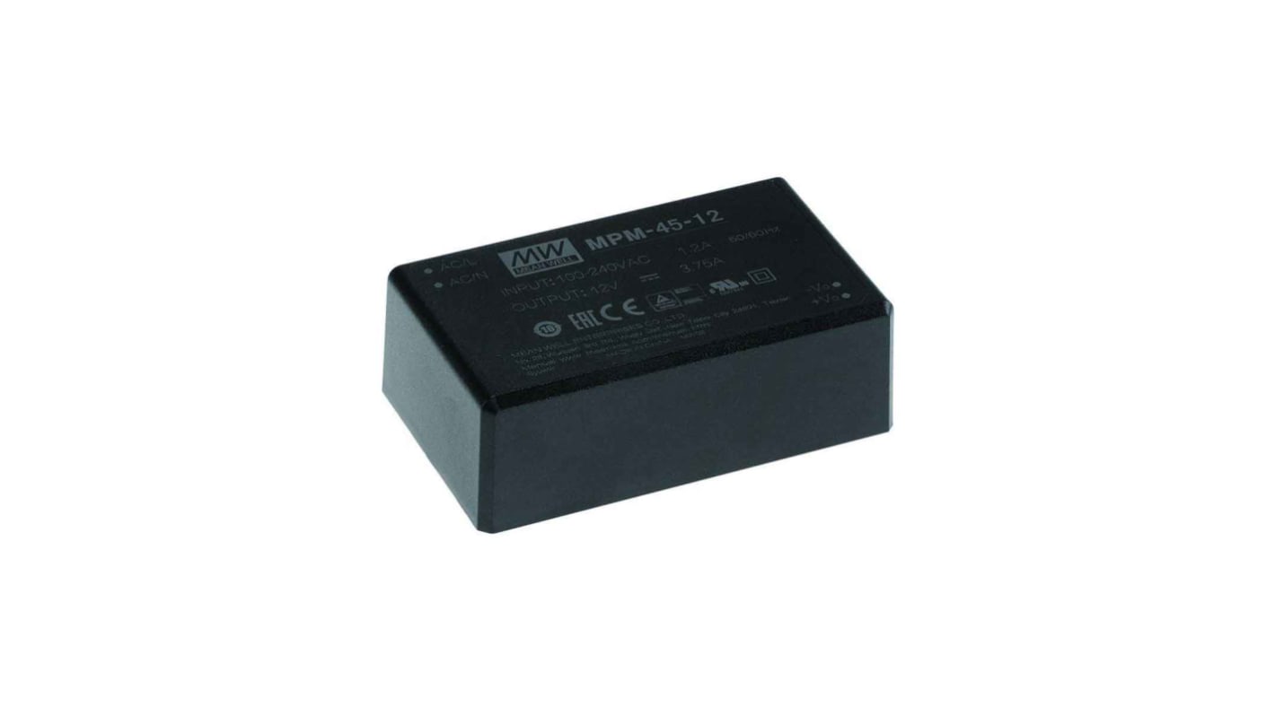 MEAN WELL Switching Power Supply, MPM-45-12, 12V dc, 3.75A, 45W, 1 Output, 80 → 264V ac Input Voltage