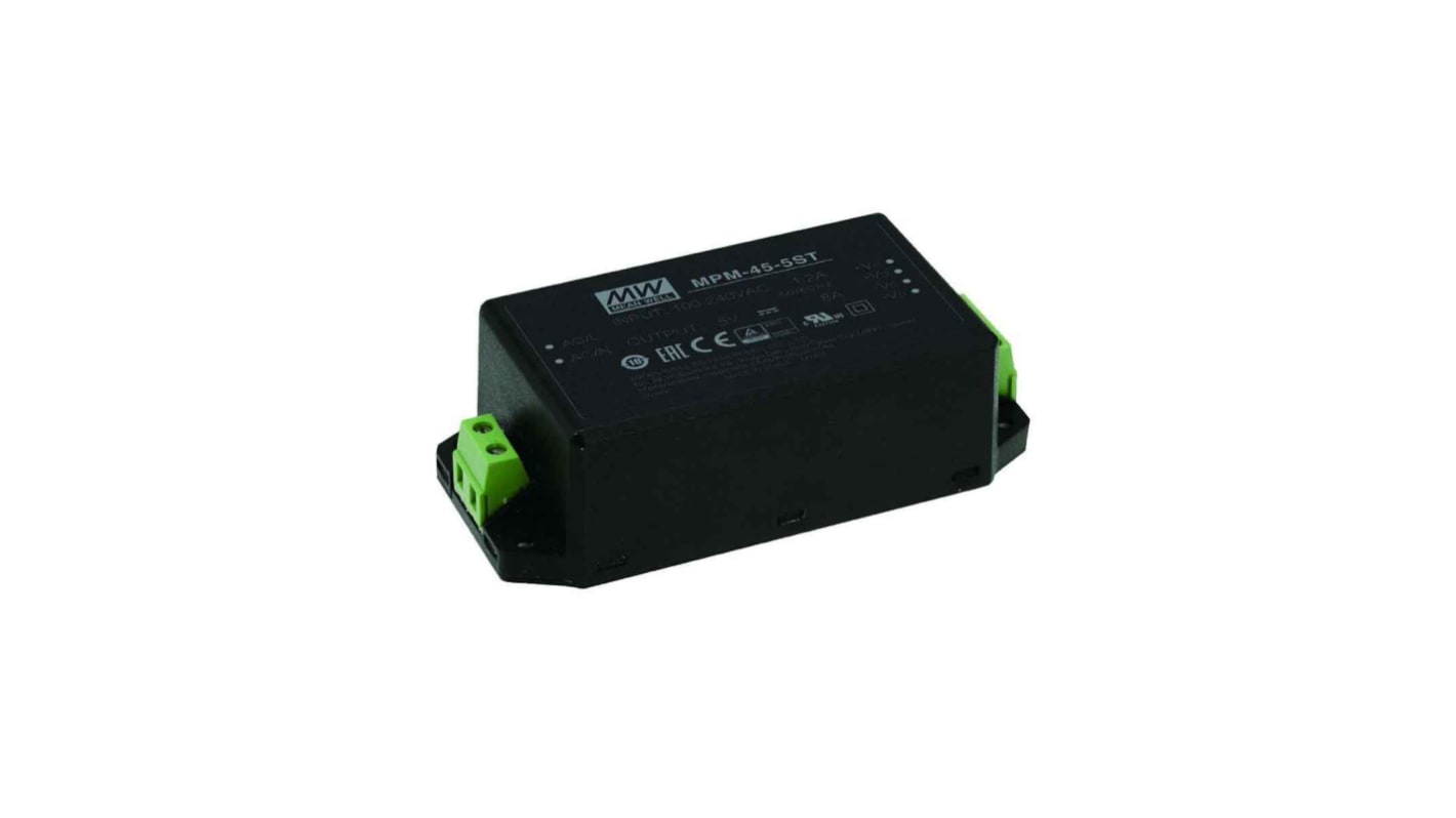 MEAN WELL Switching Power Supply, MPM-45-12ST, 12V dc, 3.75A, 45W, 1 Output, 80 → 264V ac Input Voltage