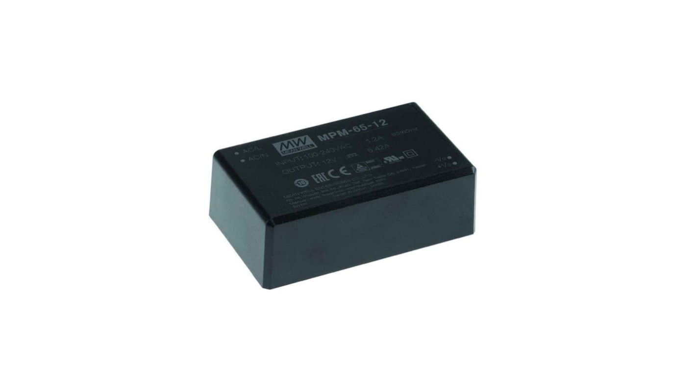 MEAN WELL Switching Power Supply, MPM-65-12, 12V dc, 3.75A, 65W, 1 Output, 80 → 264V ac Input Voltage