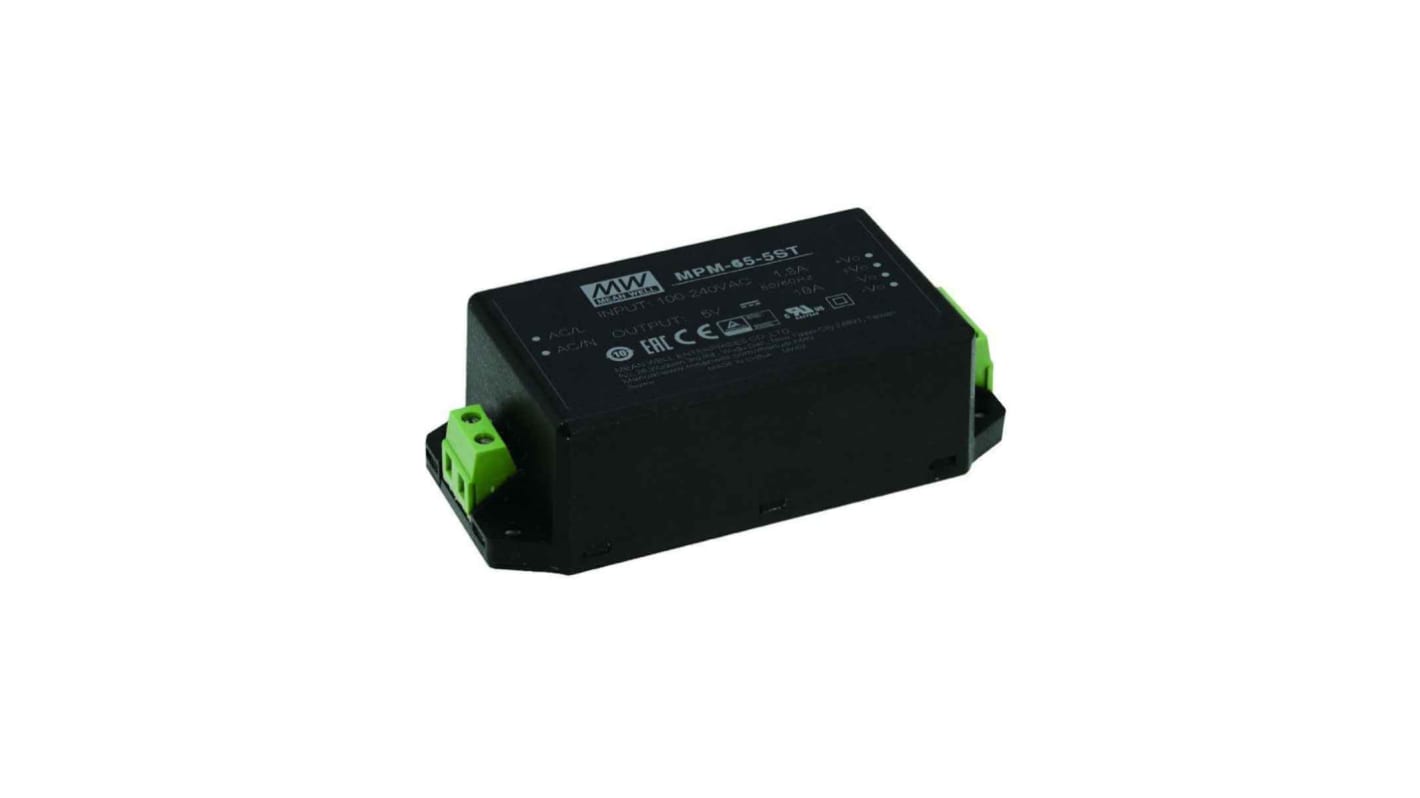 MEAN WELL Switching Power Supply, MPM-65-12ST, 12V dc, 5.42A, 65W, 1 Output, 80 → 264V ac Input Voltage