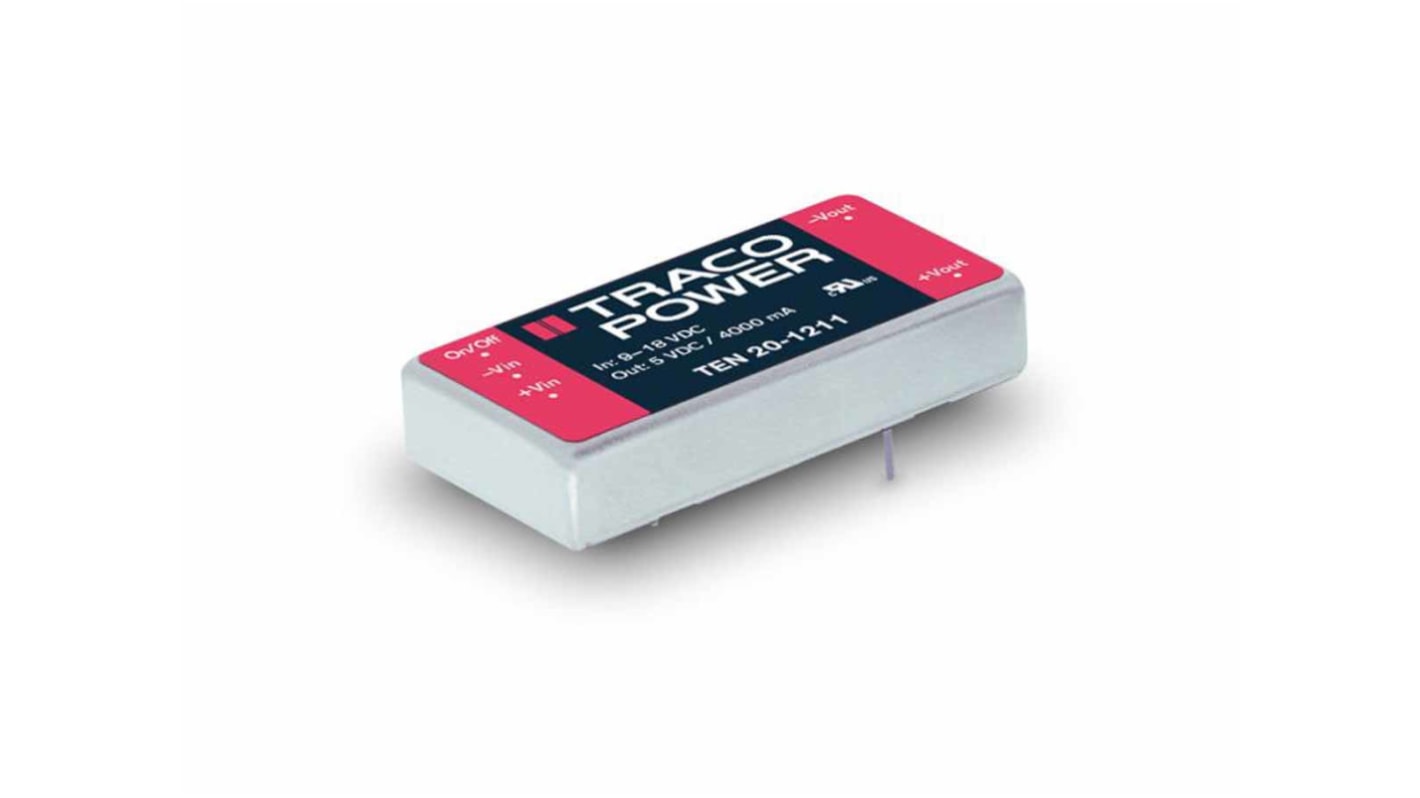 TRACOPOWER TEN 20 DC-DC Converter, 5V dc/ 4A Output, 18 → 36 V dc Input, 20W, Through Hole, +85°C Max Temp -40°C