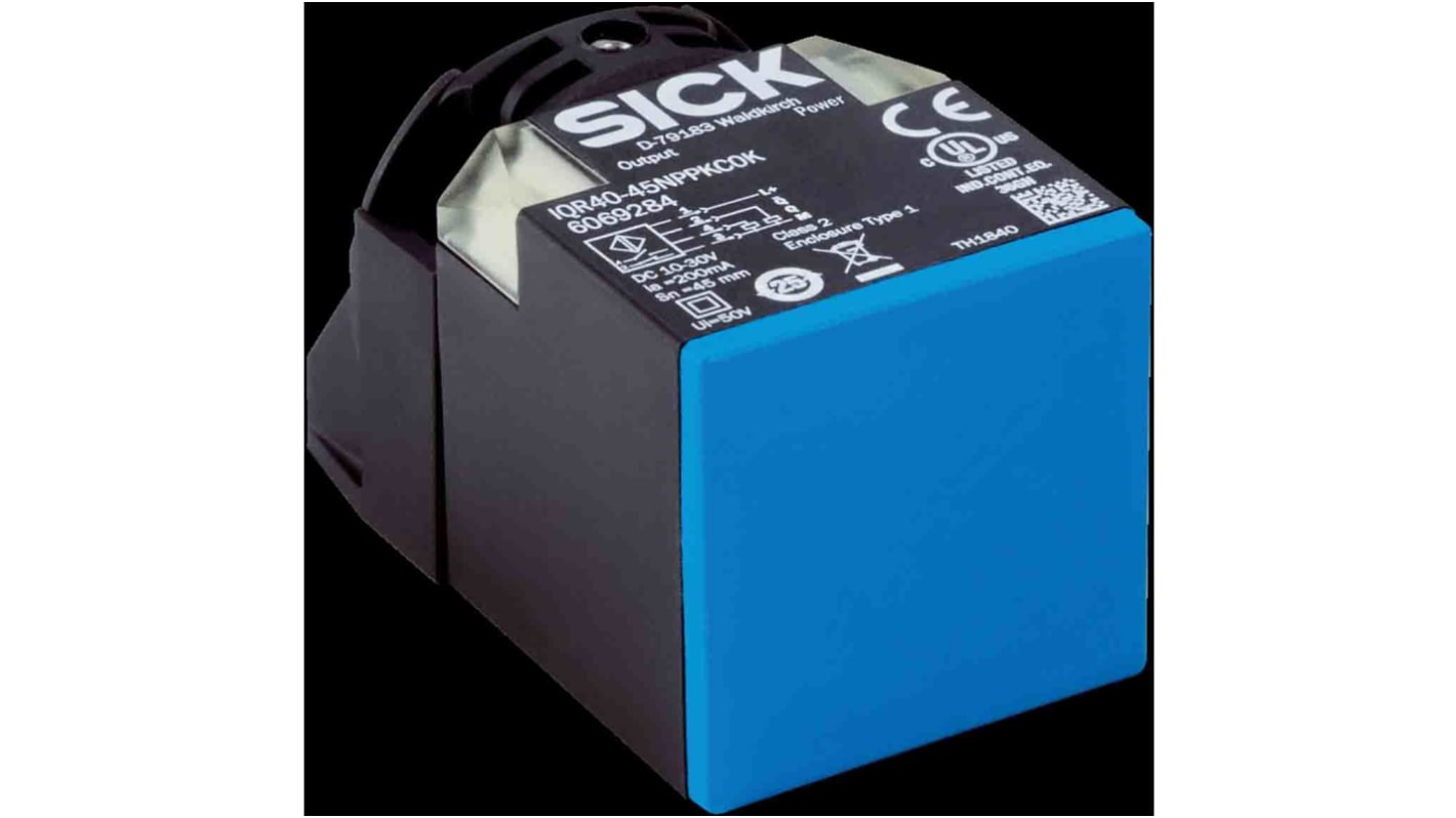 Sensor de proximidad Sick, alcance 45 mm, salida PNP, 10 30 V, IP68