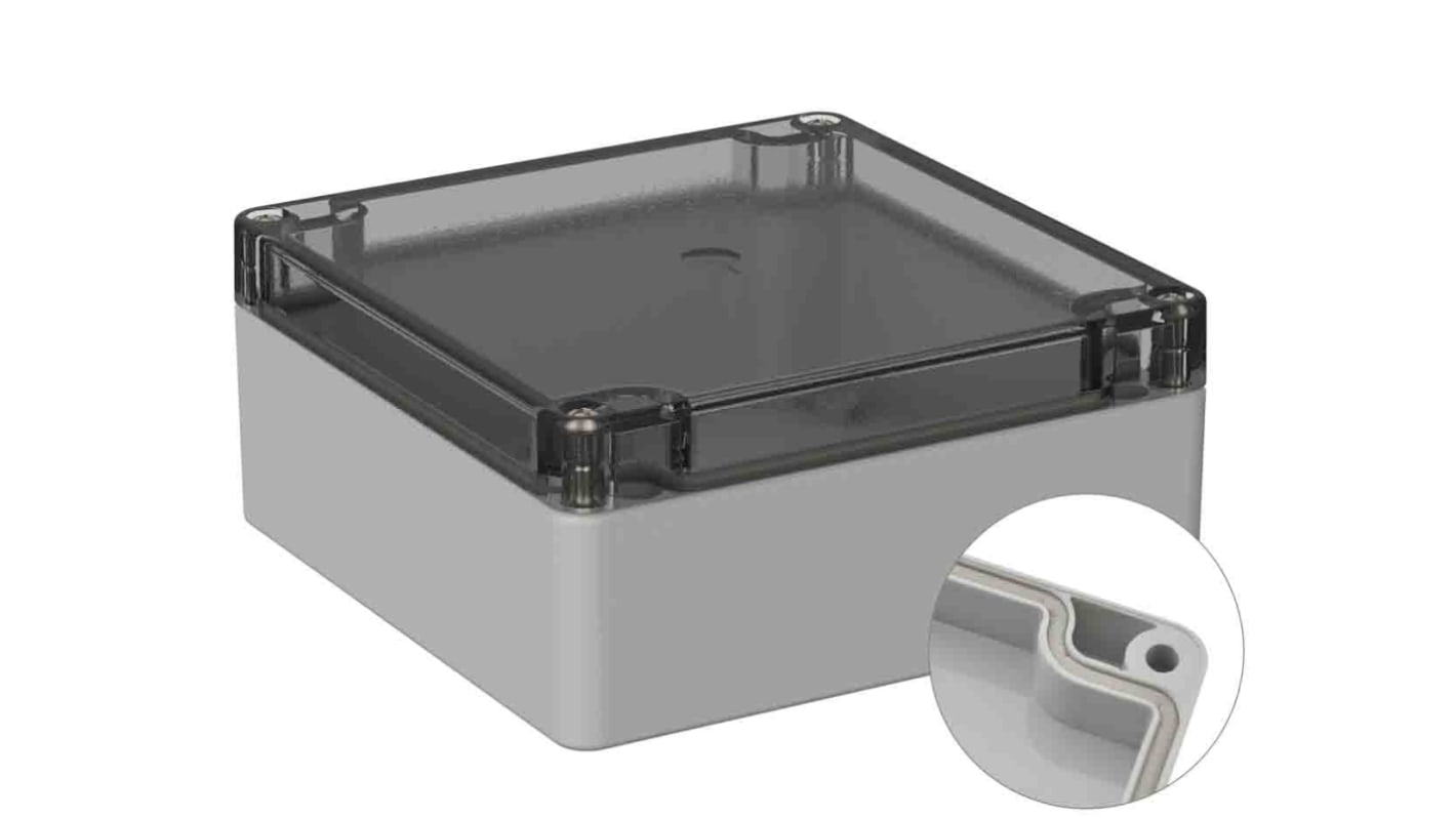 RS PRO Grey Polycarbonate General Purpose Enclosure, IP66, IK07, Clear Lid, 120 x 122 x 55mm