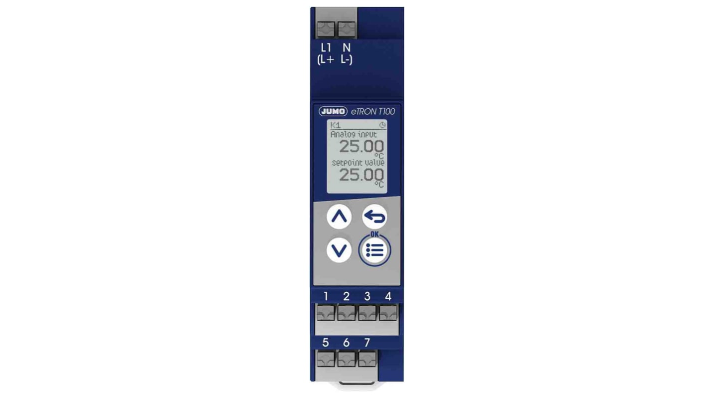 Controlador de temperatura ON/OFF Jumo serie eTRON T100, 90 x 22.5 x 62mm, 230 V, 1 entrada 0 → 20 mA, 1 salida