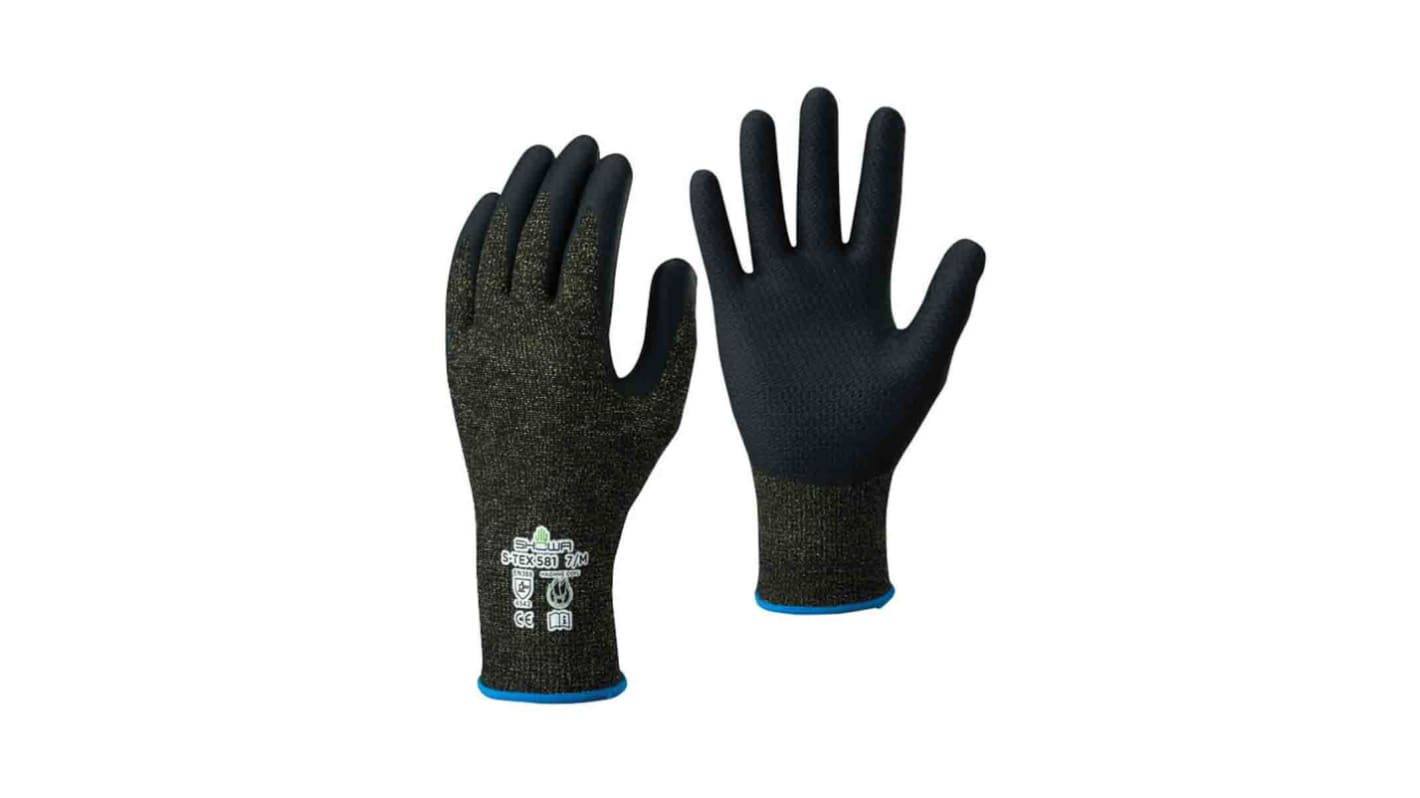 Showa S-TEX 581 Black Kevlar Cut Resistant Work Gloves, Size 8, Large, Nitrile Foam Coating