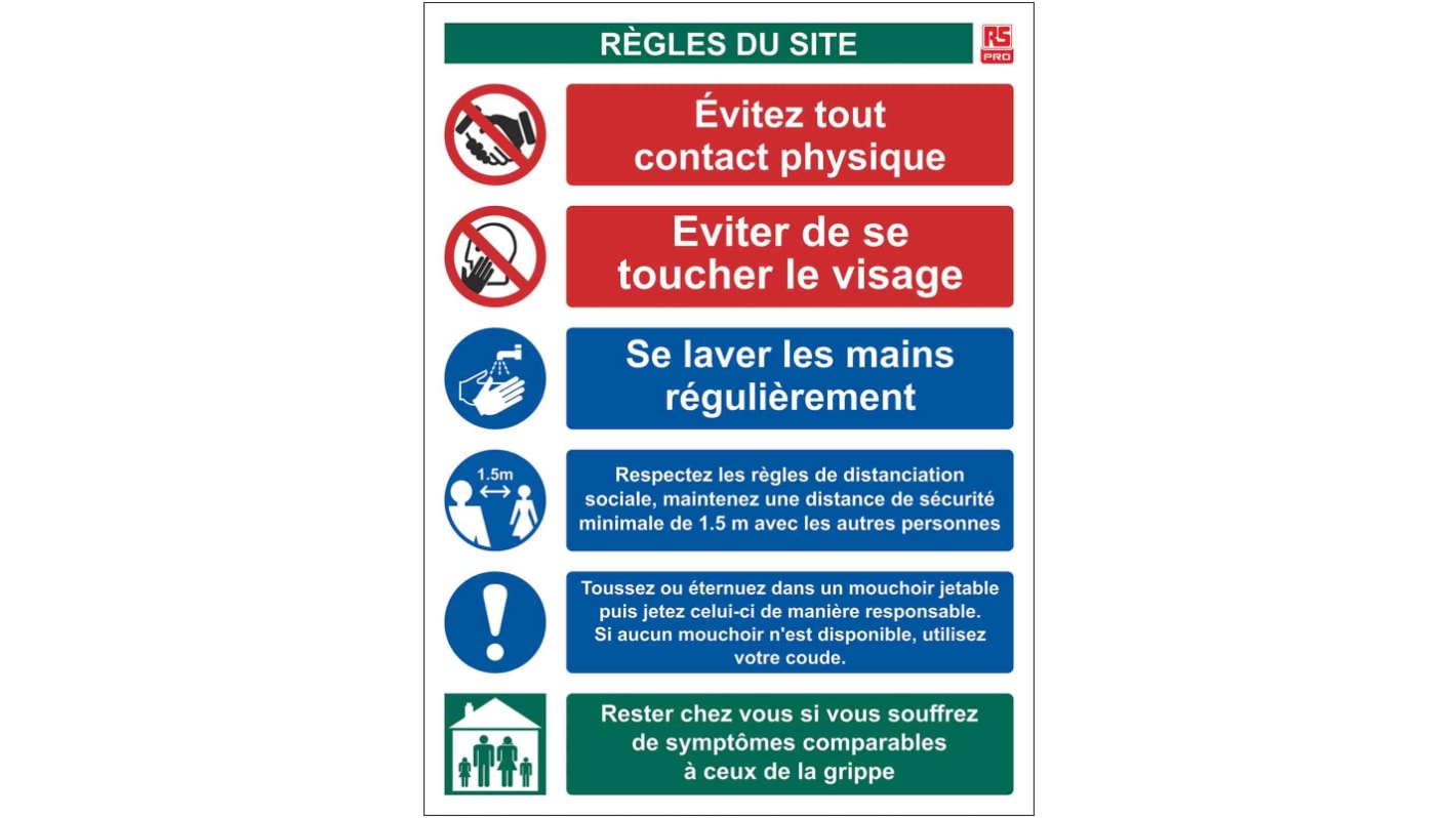 RS PRO PVC Social Distancing Site Safety Sign With French Text, 400 x 300mm