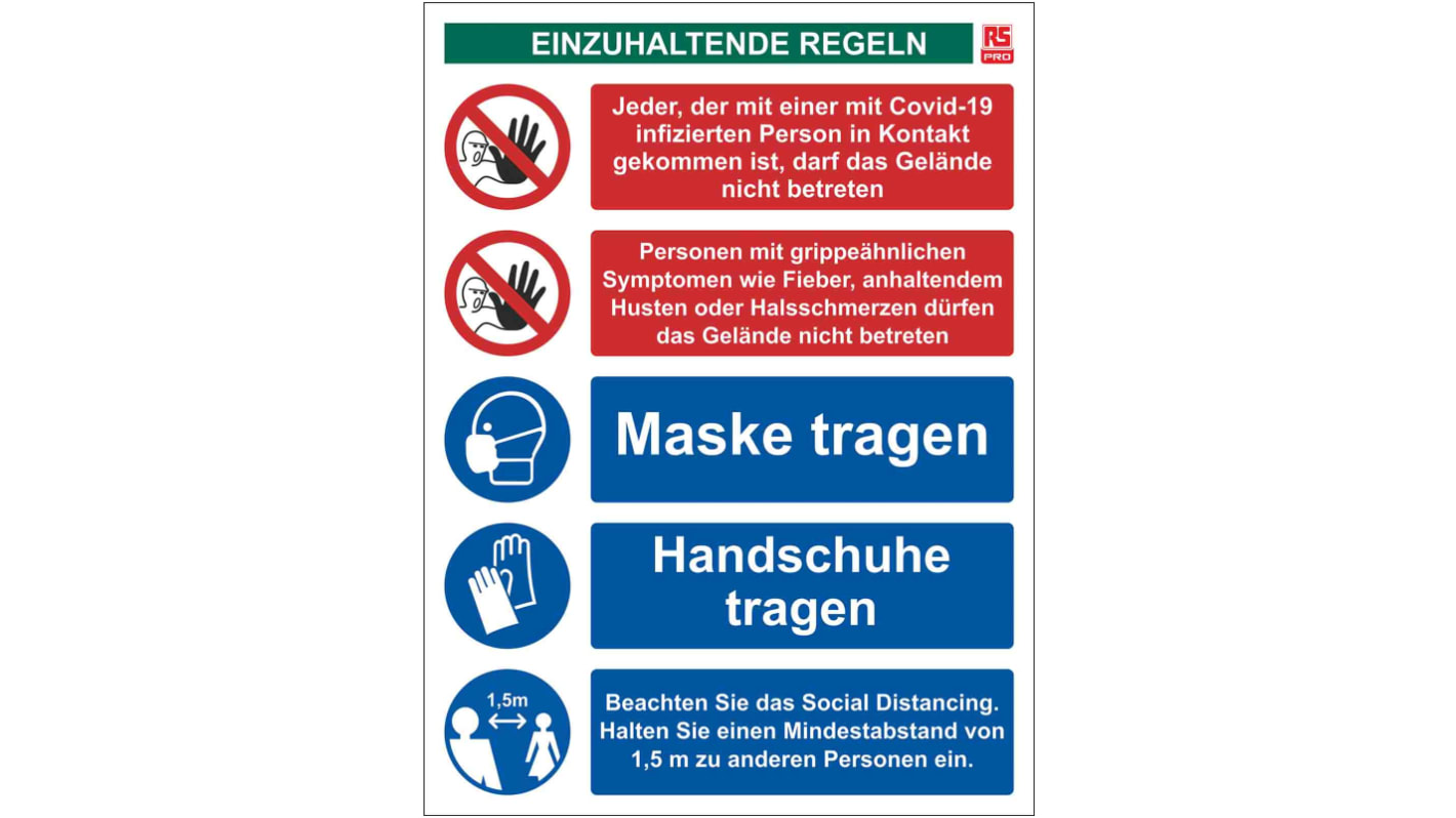 RS PRO Zeichen für Social Distancing "COVID-19 Einzuhaltende Regeln" mit Piktogramm: Standortsicherheit, PVC Deutsch, B