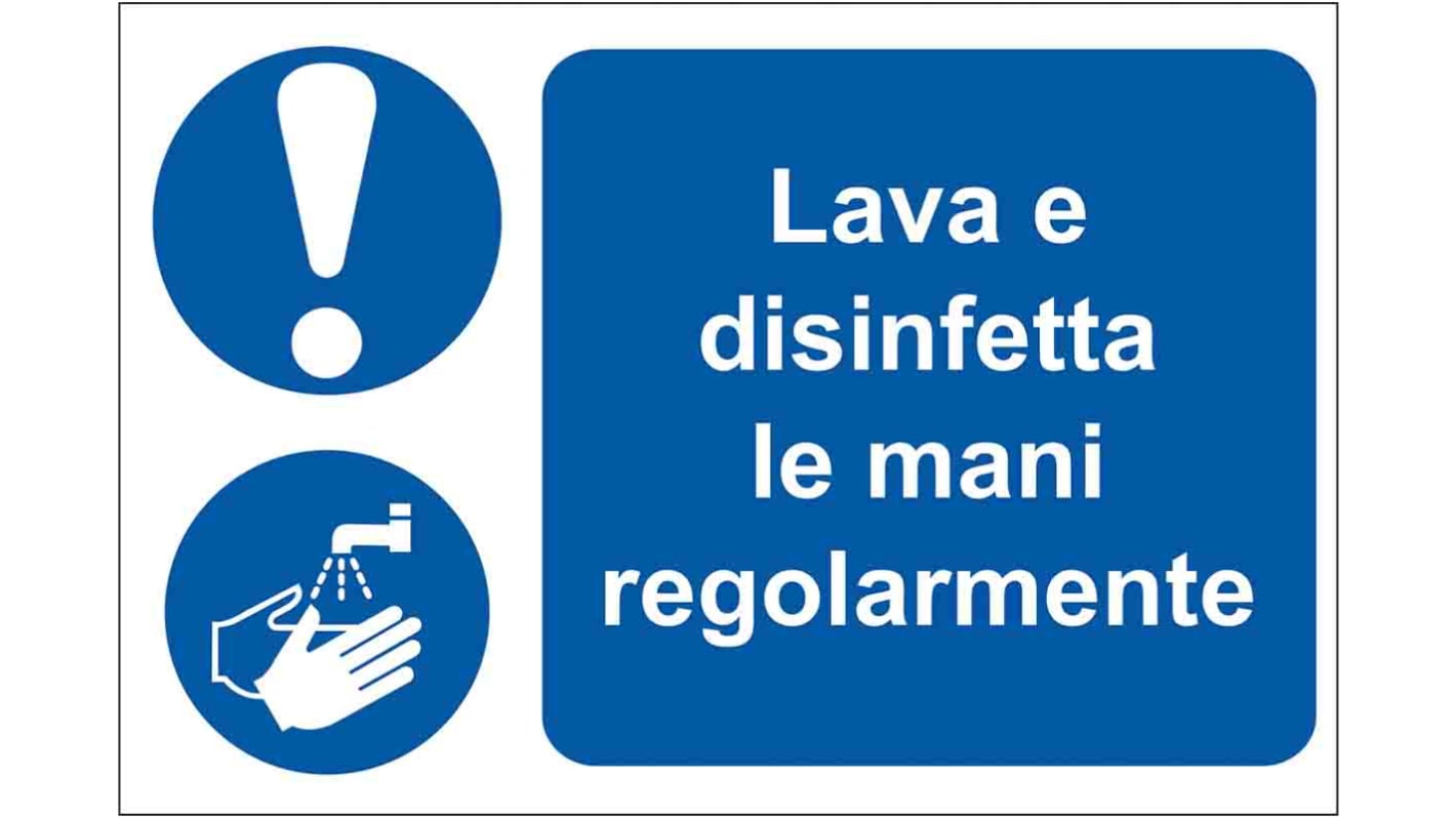 Panneau obligation, avec pictogramme : Lavez-vous les mains "Lava e disinfetta le mani regorlamente", Auto-adhésif, en