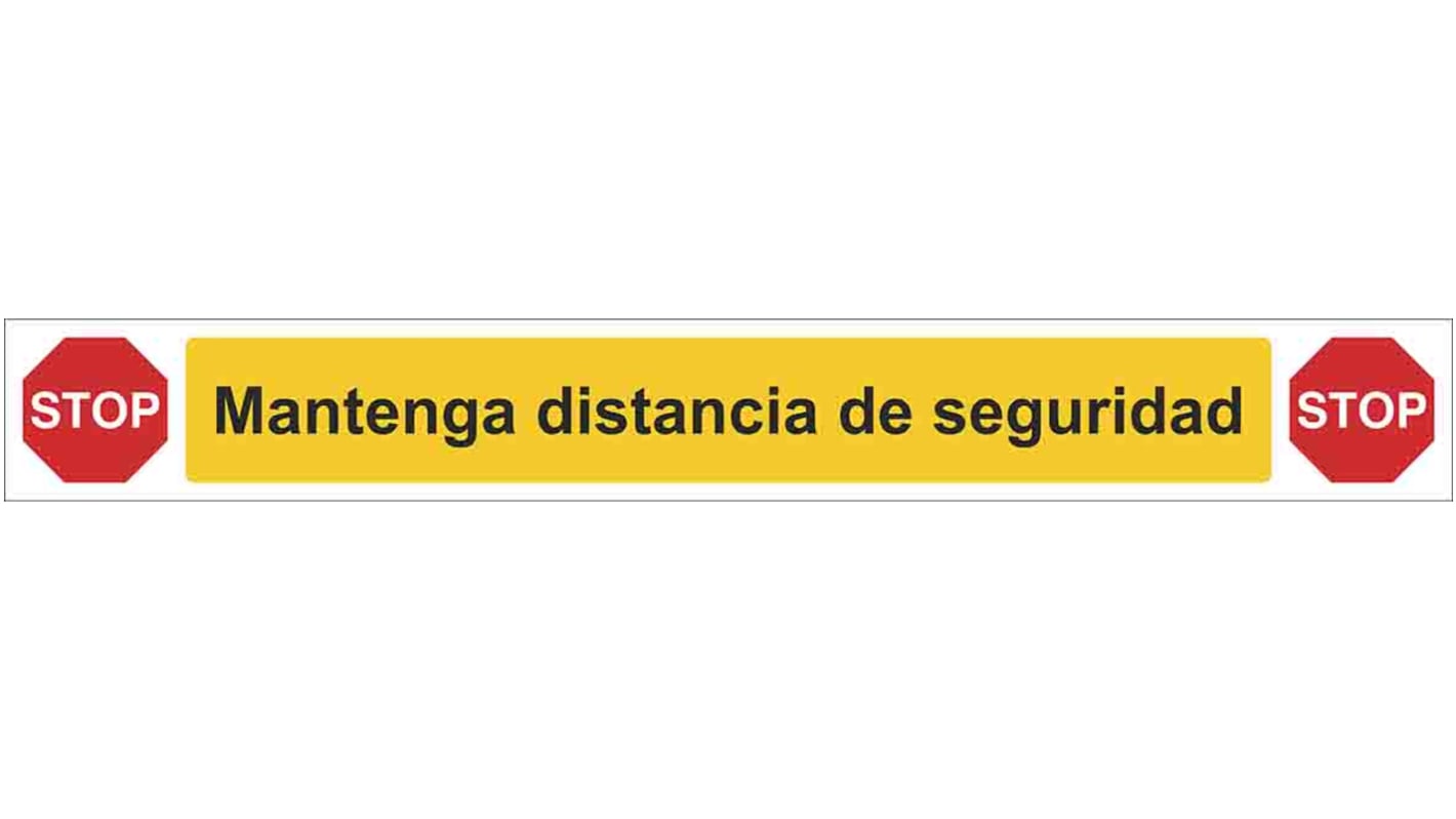 Señal de obligación con pictograma: Respetar la distancia social, texto en Español, autoadhesivo, 800mm x 100 mm