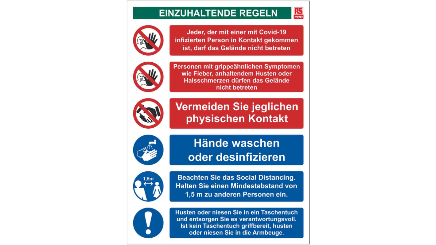 RS PRO Zeichen für Social Distancing "COVID-19 Einzuhaltende Regeln" mit Piktogramm: Standortsicherheit, PVC Deutsch, B