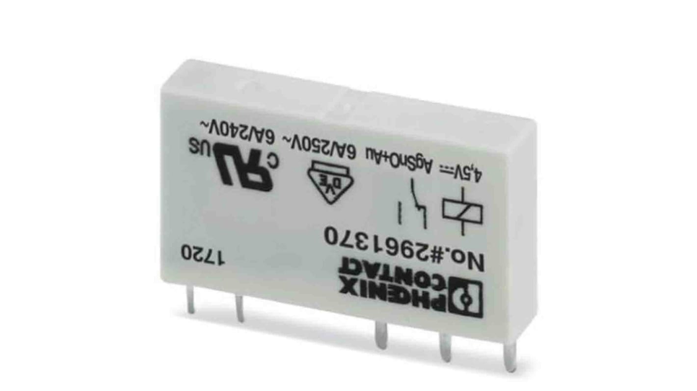 Relé de potencia sin enclavamiento Phoenix Contact REL-MR de 2 polos, DPDT, bobina 4.5V dc, 6A, Montaje en PCB