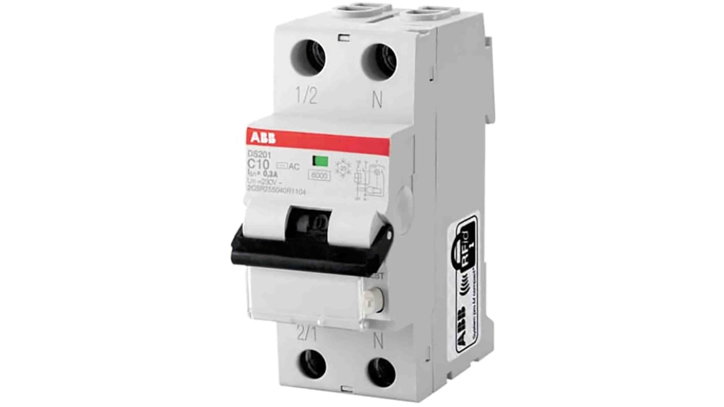 Disjoncteur différentiel magnéto-thermique ABB 16A 1P+N, sensibilité 30mA, Montage rail DIN, DS201