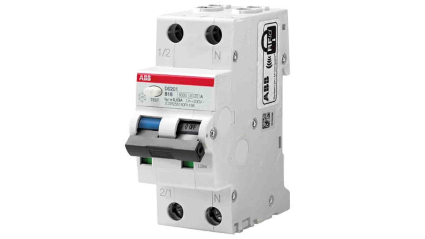 ABB RCBO, 6A Current Rating, 2P Poles, 100mA Trip Sensitivity, System Pro M Compact Range