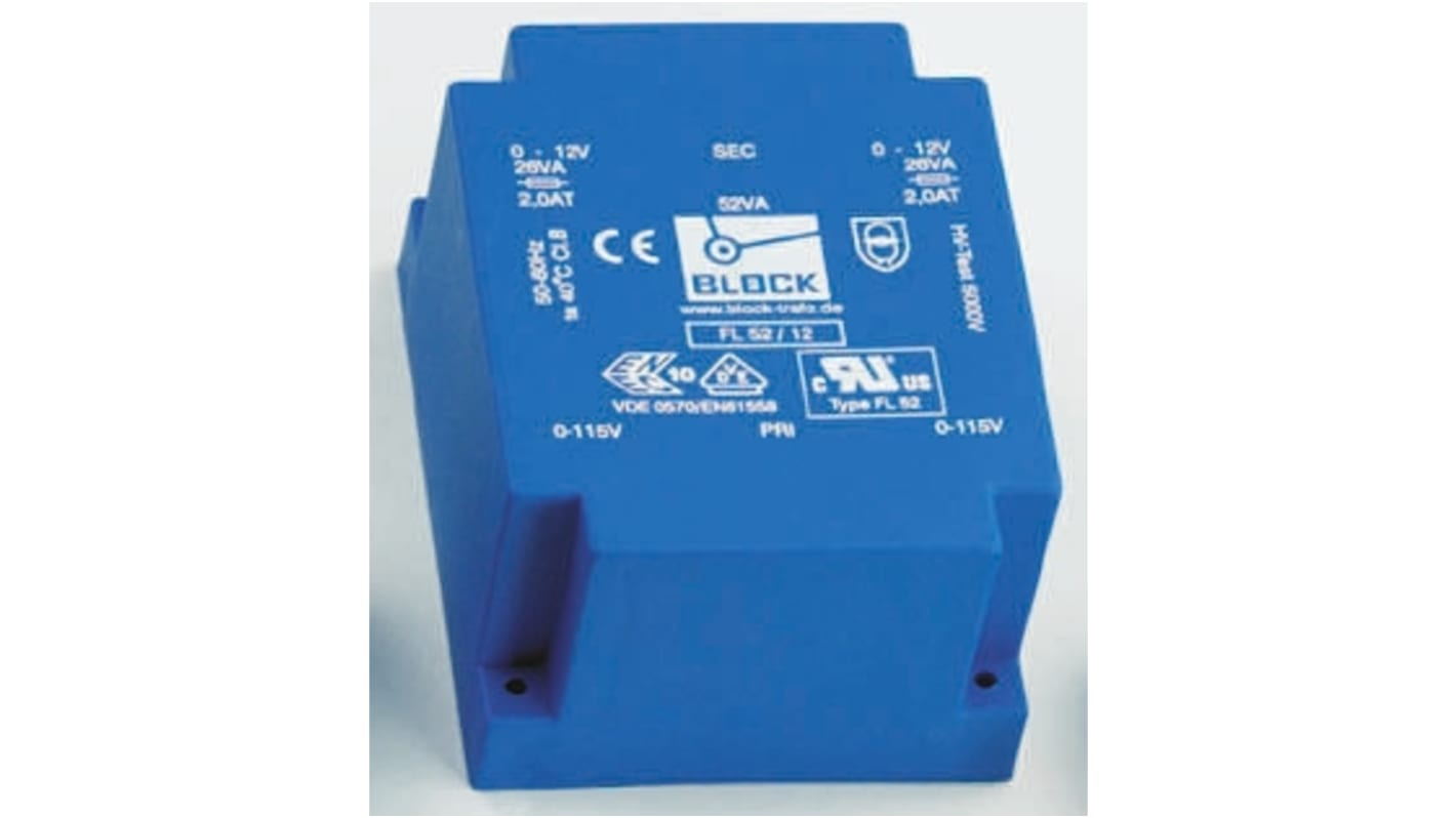 Block 15V ac 2 Output Through Hole PCB Transformer, 52VA