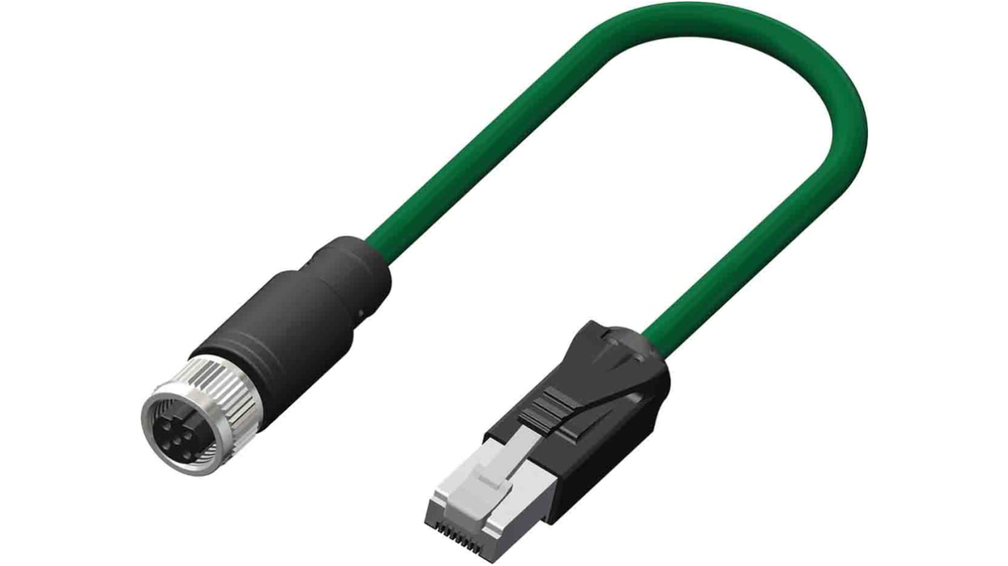 RS PRO Cat5e Straight Female M12 to Male RJ45 Ethernet Cable, Green PVC Sheath, 2m