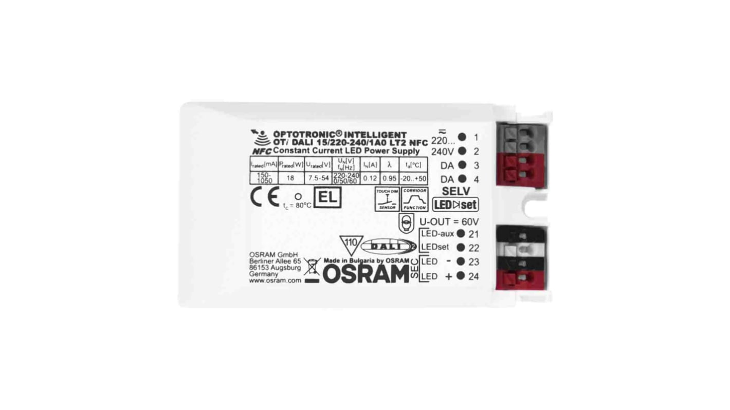 Osram LED Driver, 7.5 → 54V Output, 18W Output, 350mA Output, Constant Current Dimmable