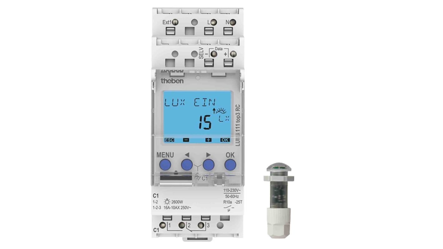 Theben DIN sínre szerelhető időzített kapcsoló LUNA 110 plus EL, 110→ 230 V ac, 1 csatornás