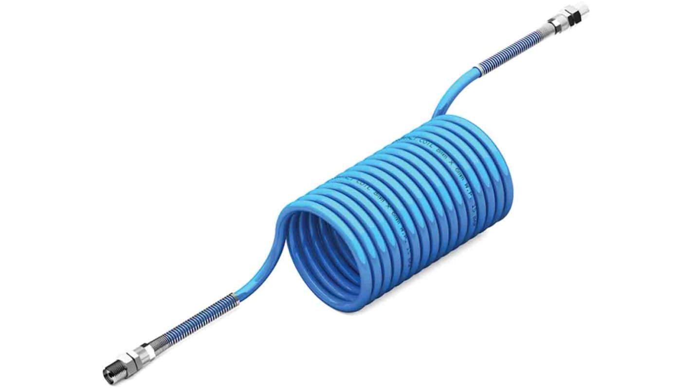 RS PRO Serie EC PA Spiralschlauch Blau mit BSP 1/4" Außengewinde Anschluss, Innen-Ø 6mm x 5m