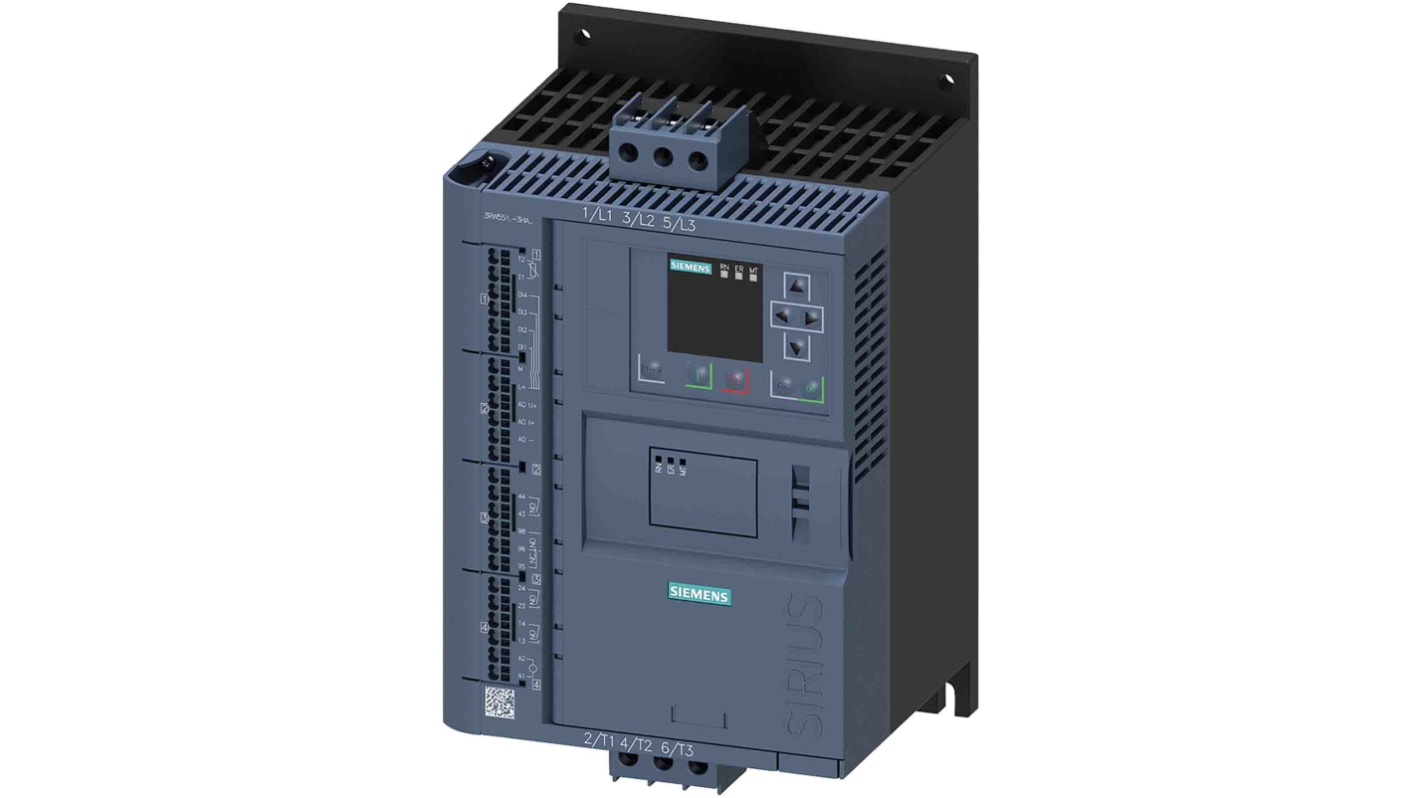 Arrancador suave Siemens 3RW5, 210 A, 480 V ac, 55 kW, trifásico, IP00